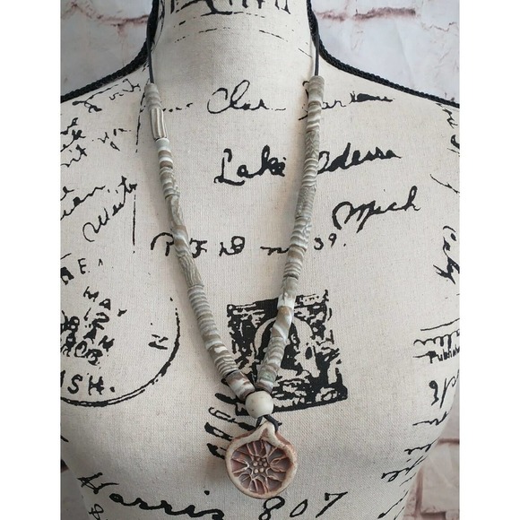 CLAY POTTERY BEADED Medallion PENDANT NECKLACE Earth Tone Nature Natural Gorp - Picture 1 of 7